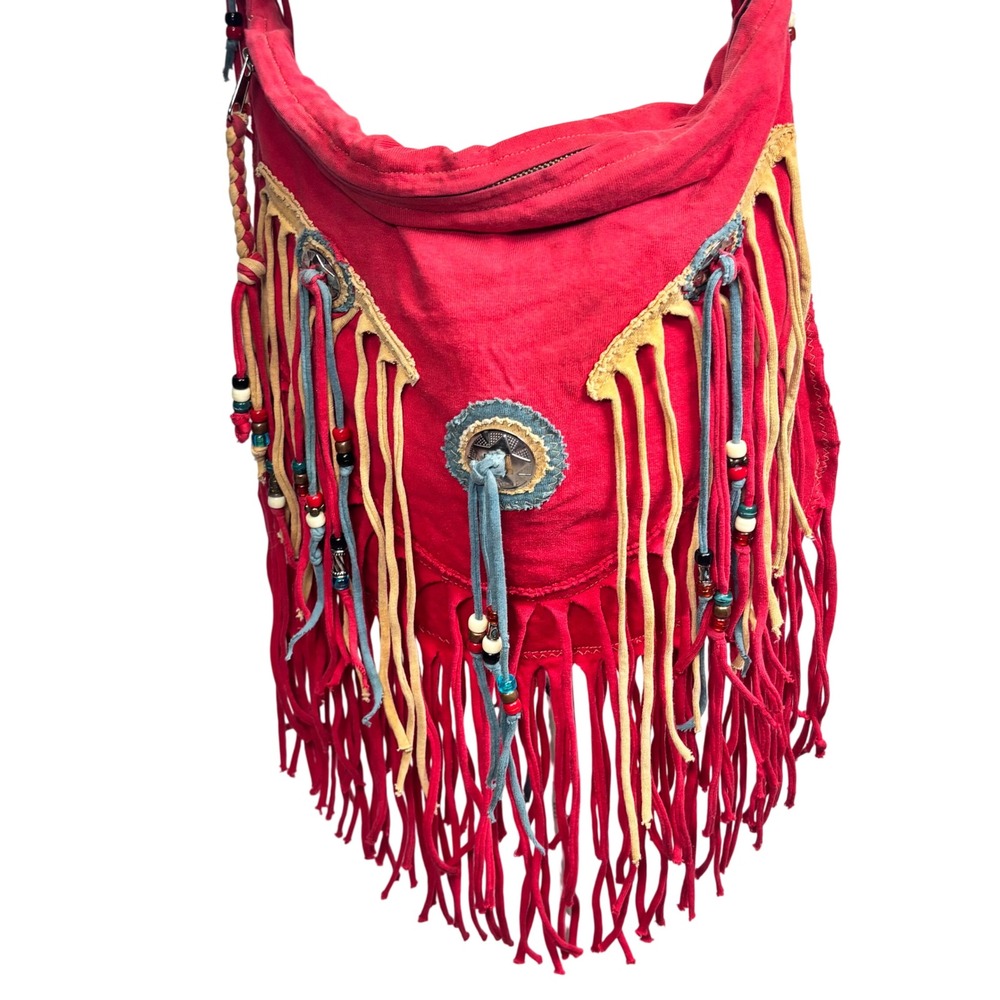 Festival Boho Western Hippie Crossbody Bag Messenger Red‎ Tshirt Knit Gypsy Hobo